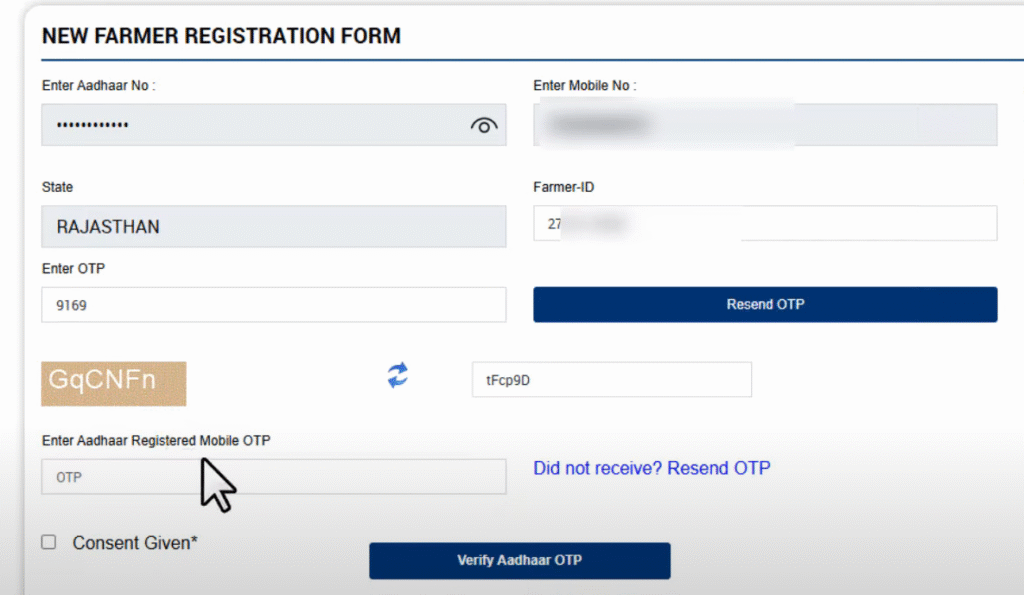 pm kisan registration form OTP