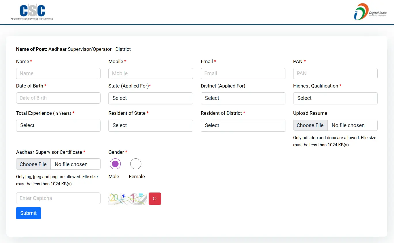 CSC Aadhaar Operator Supervisor Vacancy form online apply yojana bazaar